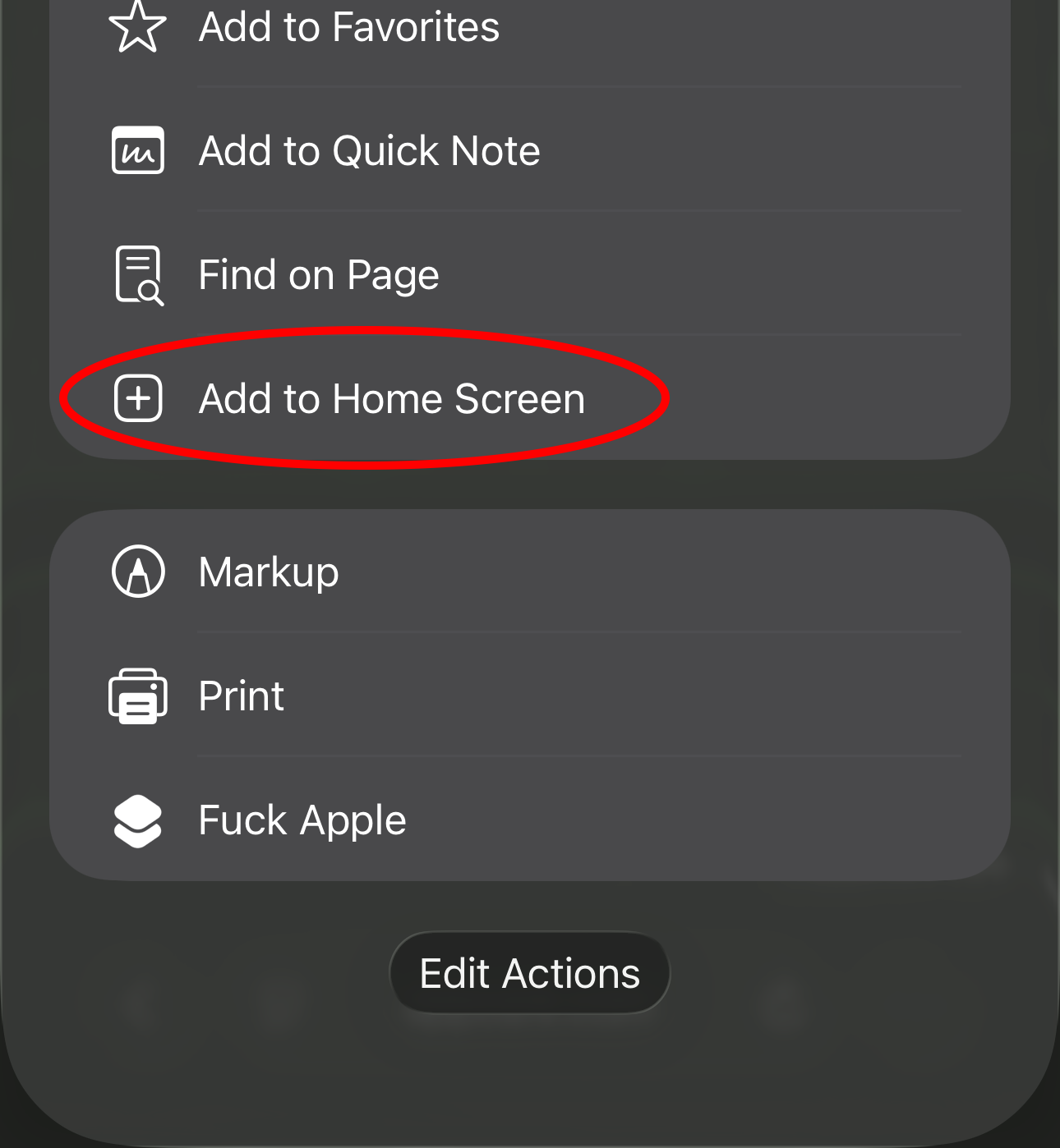 Safari share sheet showing a downward scroll gesture