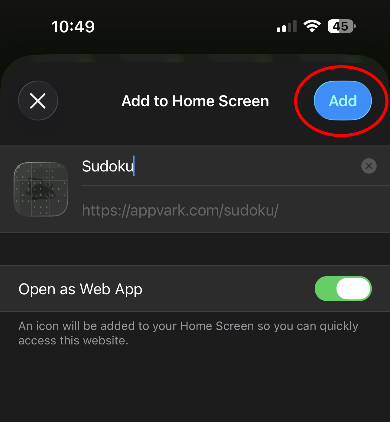 Add to Home Screen option highlighted in Safari
