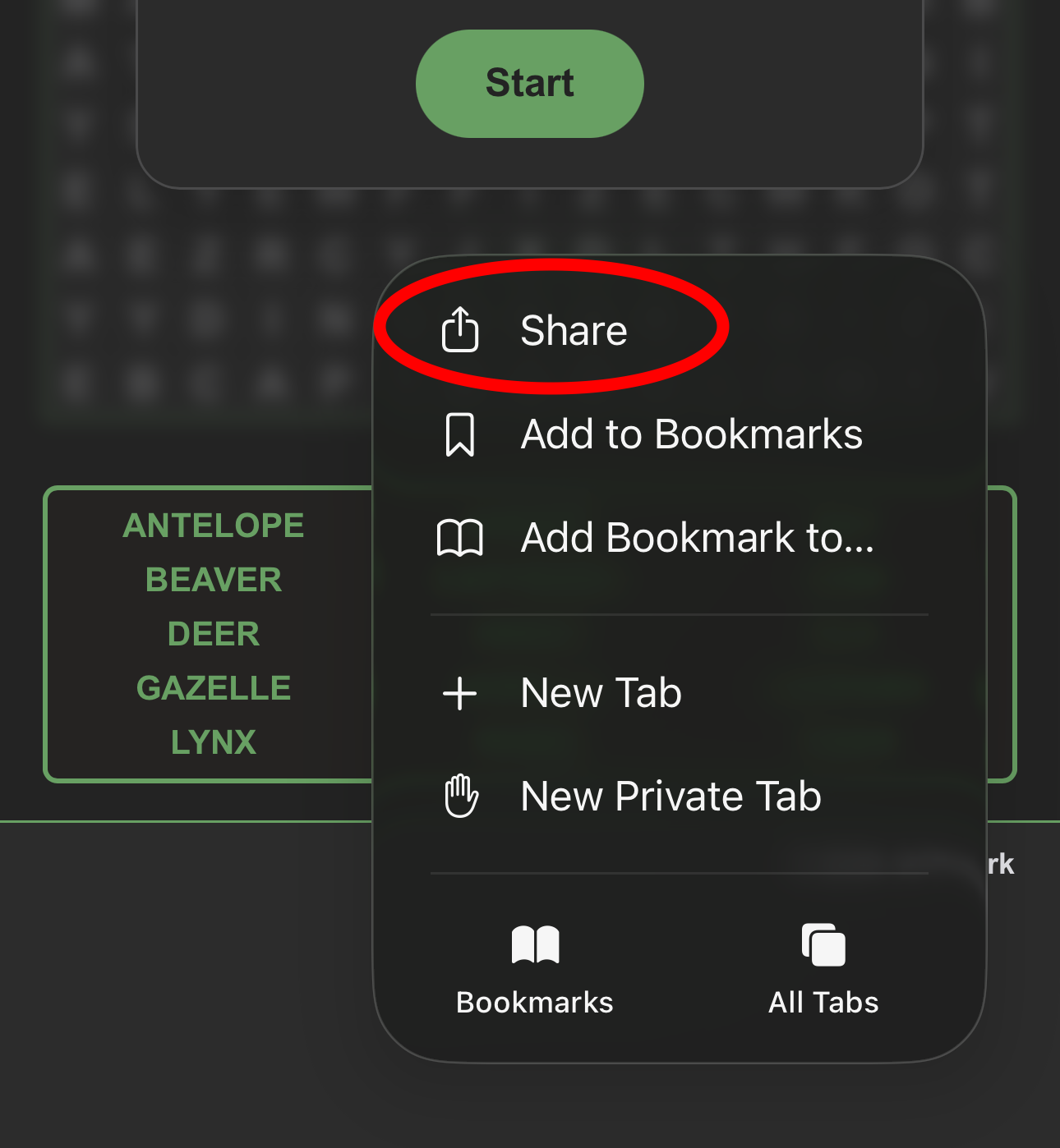 Safari share option highlighted