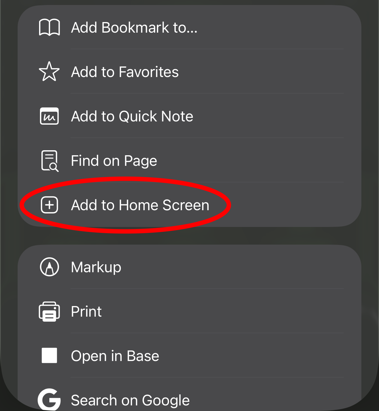 Safari share sheet showing a downward scroll gesture