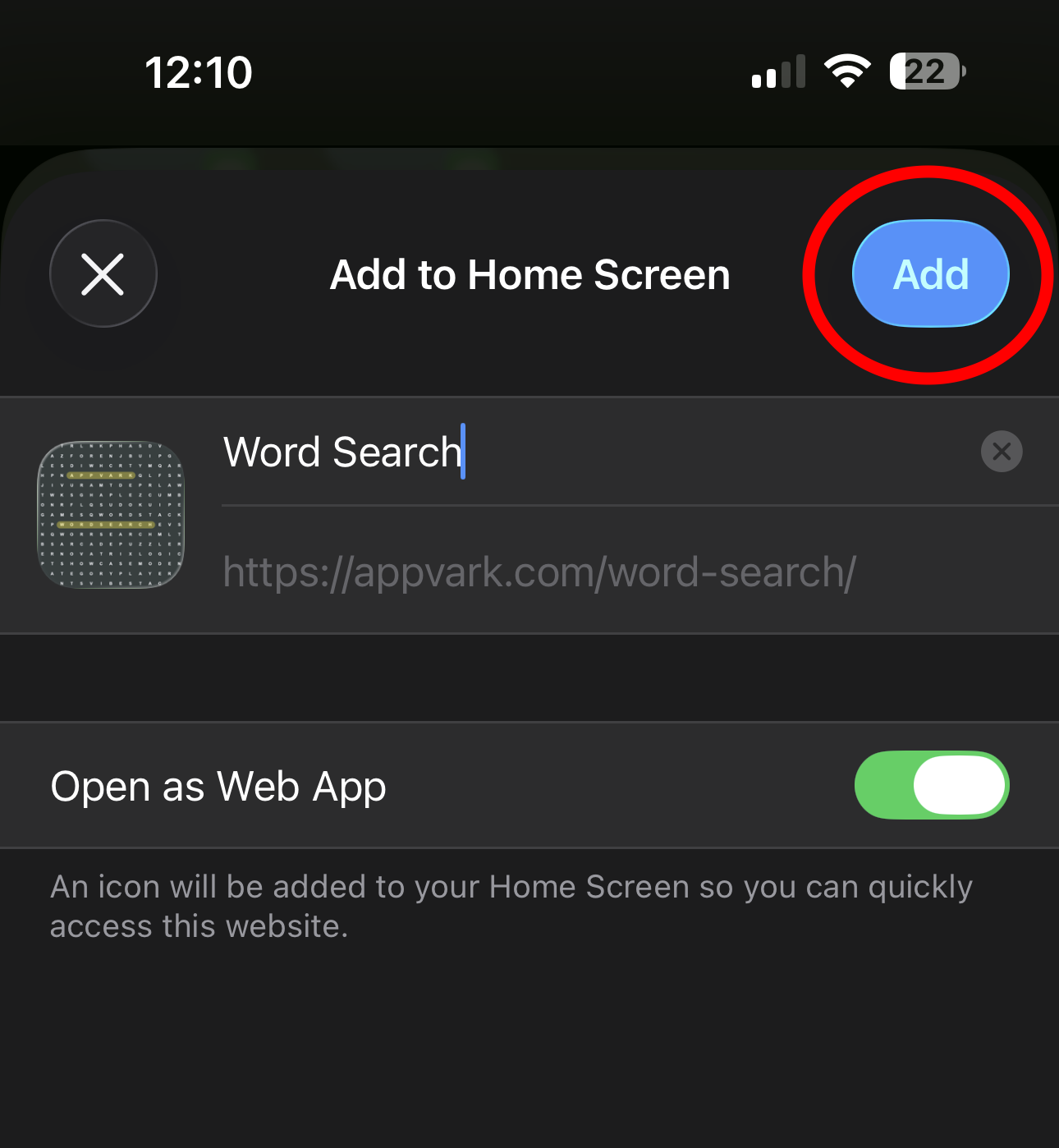 Add to Home Screen option highlighted in Safari